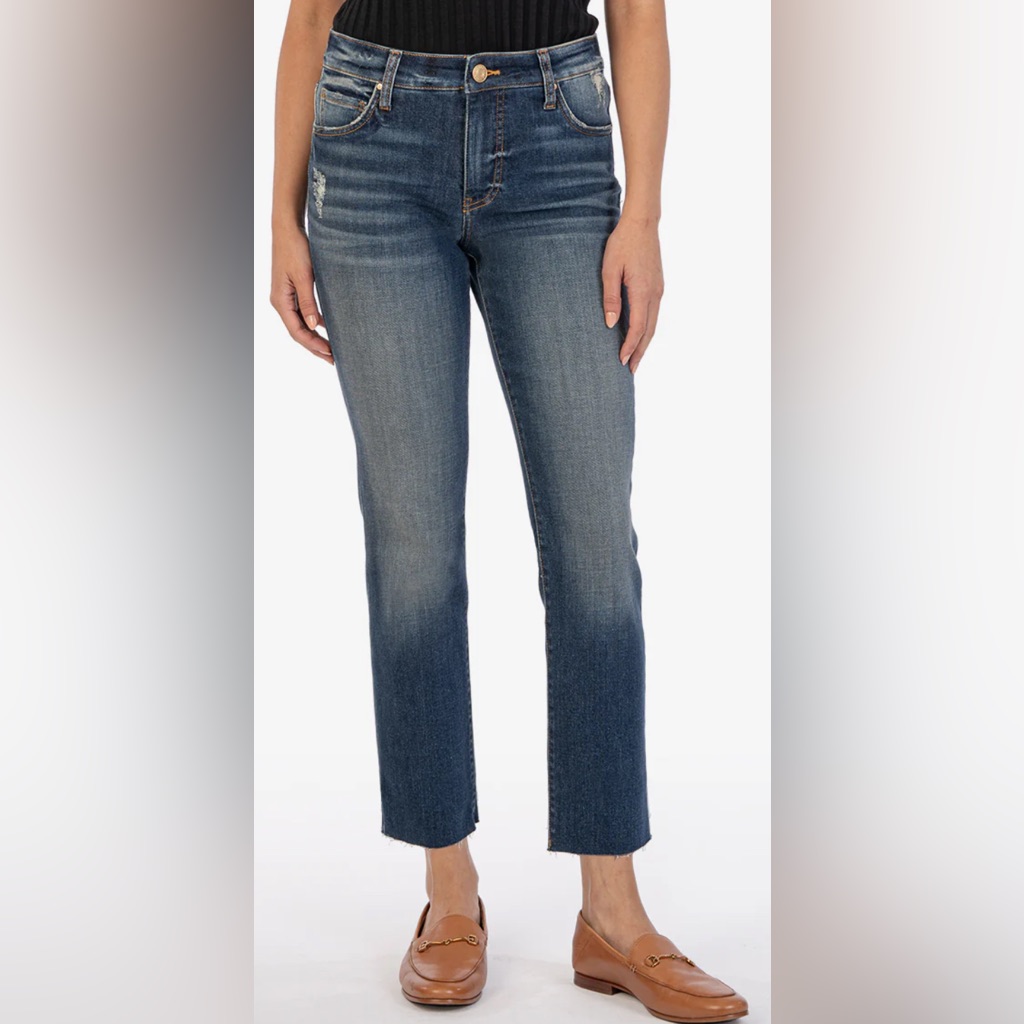 Kut From The Kloth Reese High Rise Ankle Straight Leg Size 8 Dark Wash Raw Hem